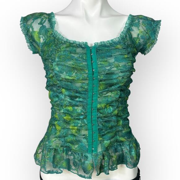 Ing Tops - Vintage y2k Whimsigoth Fairygrunge Corset Top Medium Green Lace Fairy Coquette